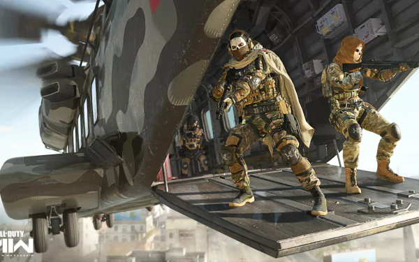 Call of Duty: Modern Warfare II 4K Ultra HD PC desktop wallpaper showing two armored soldiers deploying from a hovering camo helicopter over an urban battlefield.