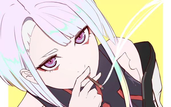 HD desktop wallpaper featuring Lucy from the anime Cyberpunk: Edgerunners, depicted with light purple hair and striking eyes, set against a vibrant yellow background.