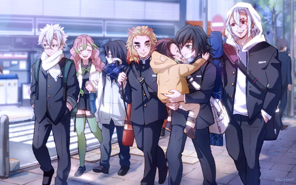 Anime-style 4K Ultra HD desktop wallpaper featuring characters from Demon Slayer: Kimetsu no Yaiba standing together on a street in vibrant, detailed artwork.