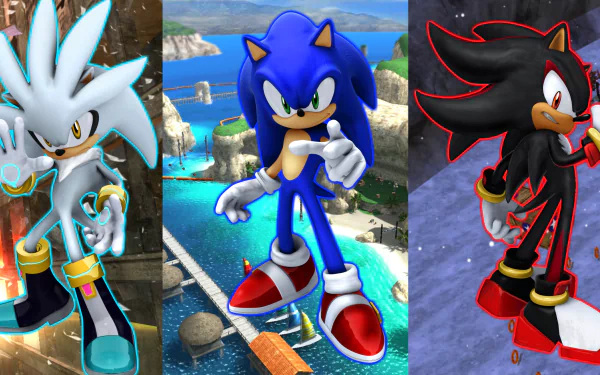 HD PC wallpaper featuring Sonic the Hedgehog, Shadow with red eyes, and Silver the Hedgehog from Sega's Sonic the Hedgehog (2006) video game.