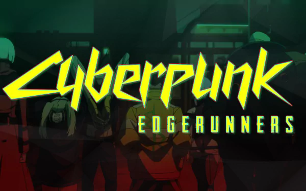 HD PC desktop wallpaper featuring the bold, neon yellow-green Cyberpunk: Edgerunners logo over a dark, futuristic anime cityscape background.