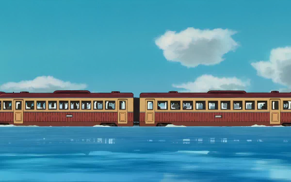 4K Ultra HD Studio Ghibli Spirited Away anime scene featuring a red train gliding over water beneath a clear blue sky with scattered clouds.