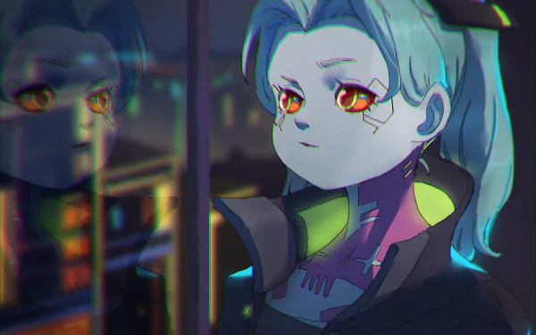 Rebecca from Cyberpunk: Edgerunners is depicted in this HD anime-style desktop wallpaper, featuring her vivid orange eyes and cyberpunk-themed attire.