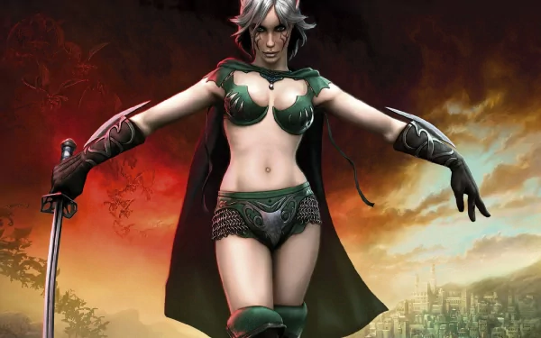 HD PC desktop wallpaper featuring a powerful female warrior character from the SpellForce video game, set against a dramatic fiery and cloudy background.