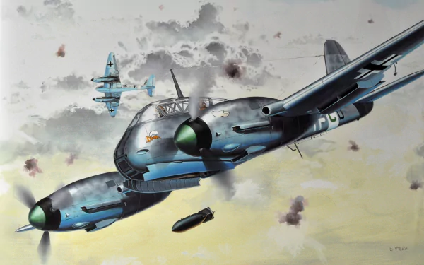 HD desktop wallpaper featuring a Luftwaffe Messerschmitt Me 410 military aircraft in flight, dropping a bomb amid clouds and enemy planes in the background.