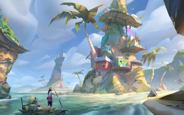 Fantasy exploration 2K Quad HD PC desktop wallpaper and background: colorful coastal village perched on rocky spires, palms and boats, a lone explorer wades toward towering whimsical lookout huts.