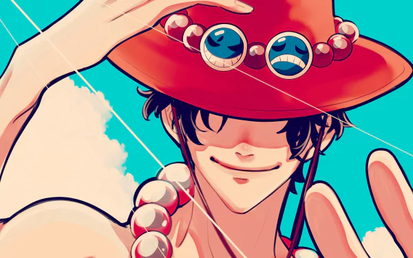 Portgas D. Ace from One Piece — anime portrait smiling beneath his red hat and bead necklace against a bright blue sky; 4K Ultra HD PC desktop wallpaper/background.