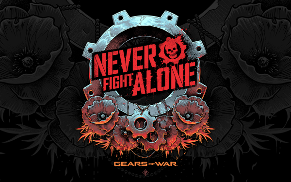 HD Gears Of War desktop wallpaper featuring the slogan 'Never Fight Alone' with a cog and skull emblem on a dark floral background.