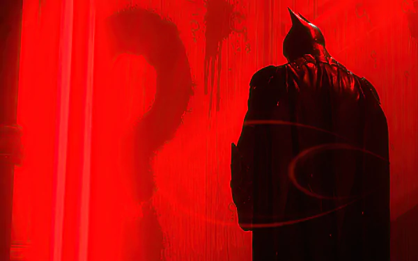 Video game 4K Ultra HD PC desktop wallpaper — Batman: Arkham Knight image of Batman's back in crimson light with a Riddler question-mark shadow on a red wall.