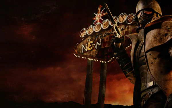 HD PC desktop wallpaper from the video game Fallout: New Vegas, featuring a character in armor and the iconic Las Vegas-style Welcome to New Vegas sign against a dark sky.