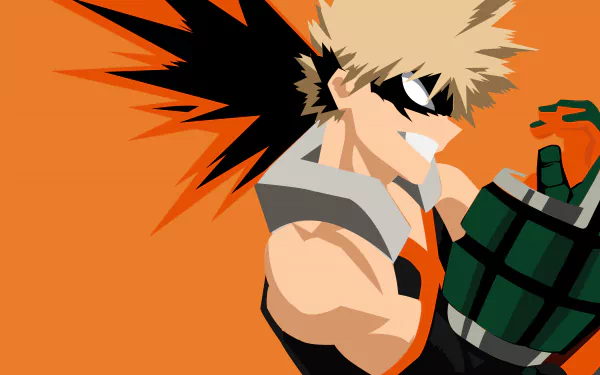 Katsuki Bakugou from My Hero Academia in a dynamic pose with an orange background, featured as a 4K Ultra HD anime PC desktop wallpaper.
