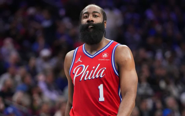 A striking desktop wallpaper featuring James Harden of the Philadelphia 76ers in action, perfect for sports enthusiasts.