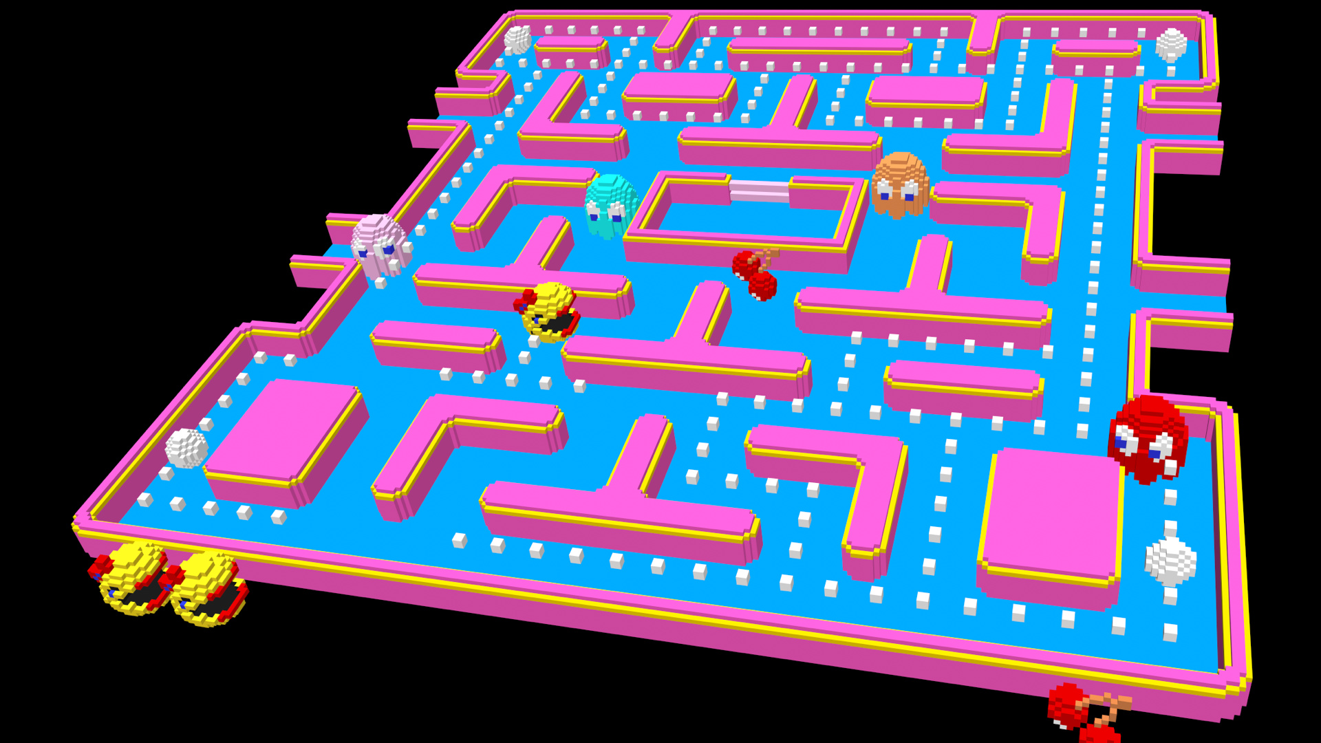 A colorful arcade game featuring Pac-Man traversing a maze of dots and ghosts.