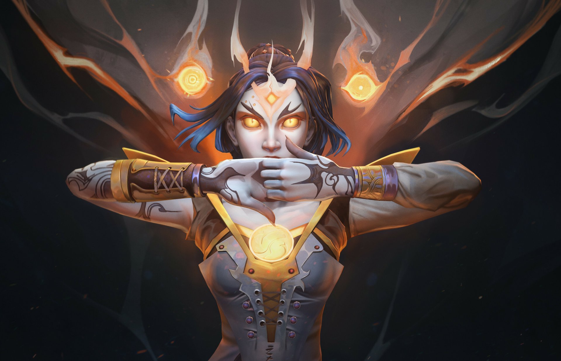 A striking 4K Ultra HD fantasy demon with glowing eyes and fiery orbs, set against a dark, mystical background, designed as a PC desktop wallpaper.