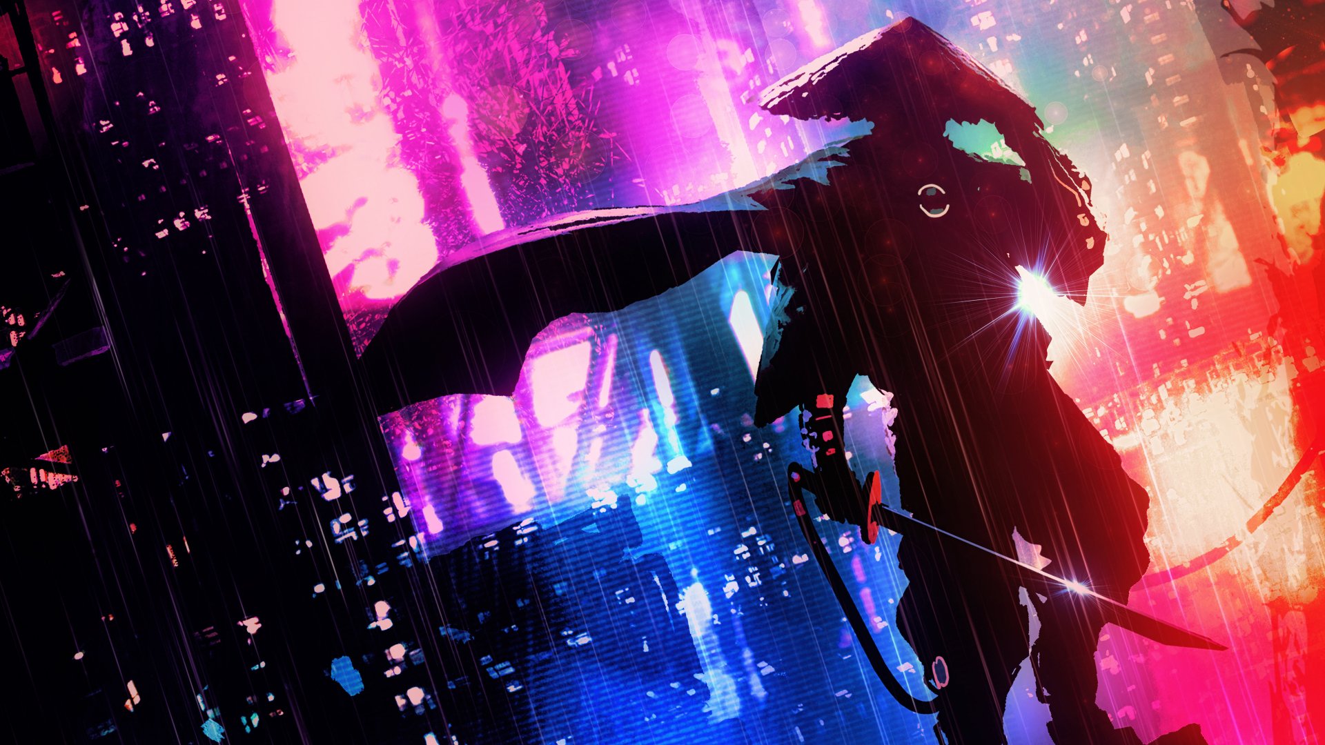 A vibrant 4K Ultra HD fantasy samurai silhouette stands against a neon-lit urban backdrop, blending traditional warrior elements with futuristic cityscape hues.