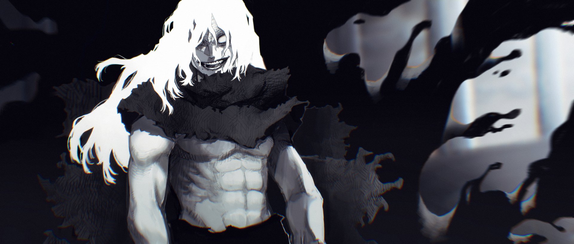 Tomura Shigaraki from My Hero Academia — dark monochrome 2K Quad HD PC wallpaper showing a sinister grin, long white hair, exposed abs and a tattered cloak.
