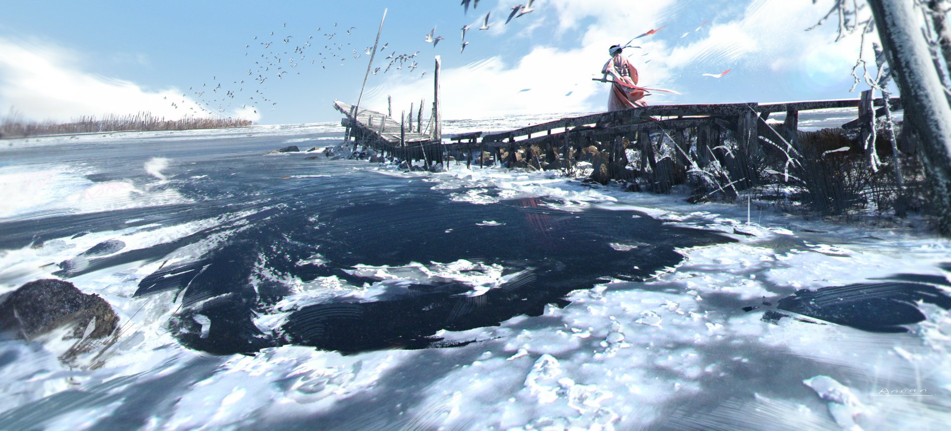 Fantasy samurai stands on an old wooden pier overlooking a swirling icy sea under a bright sky, captured in a detailed HD PC desktop wallpaper background.