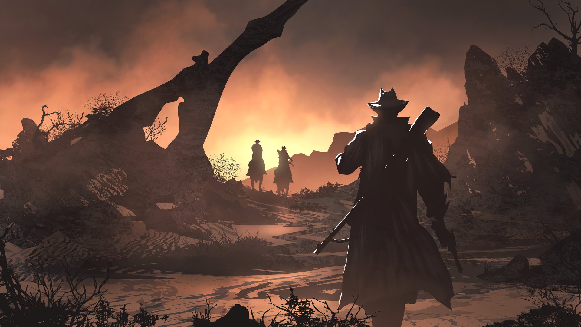 HD PC desktop wallpaper from the video game Red Dead Redemption 2, featuring silhouetted characters against a fiery, dramatic landscape at sunset.