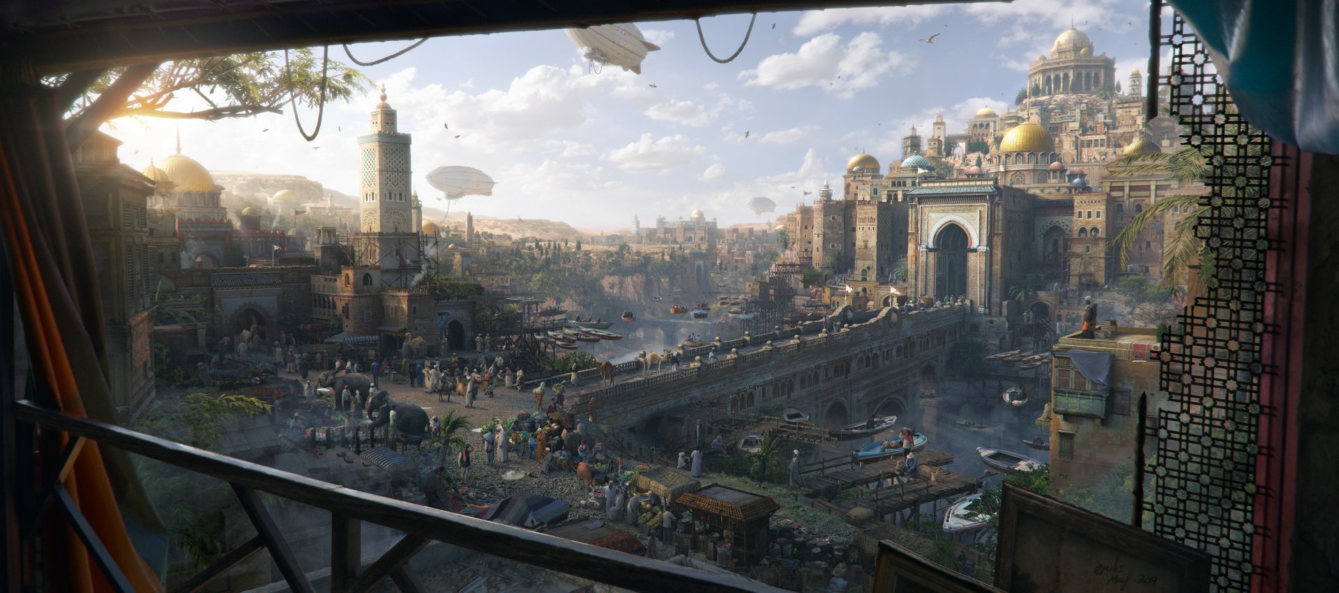 HD PC desktop wallpaper of a sprawling fantasy city: domed palaces, arched bridge over a busy river market, airships drifting under a bright sky.