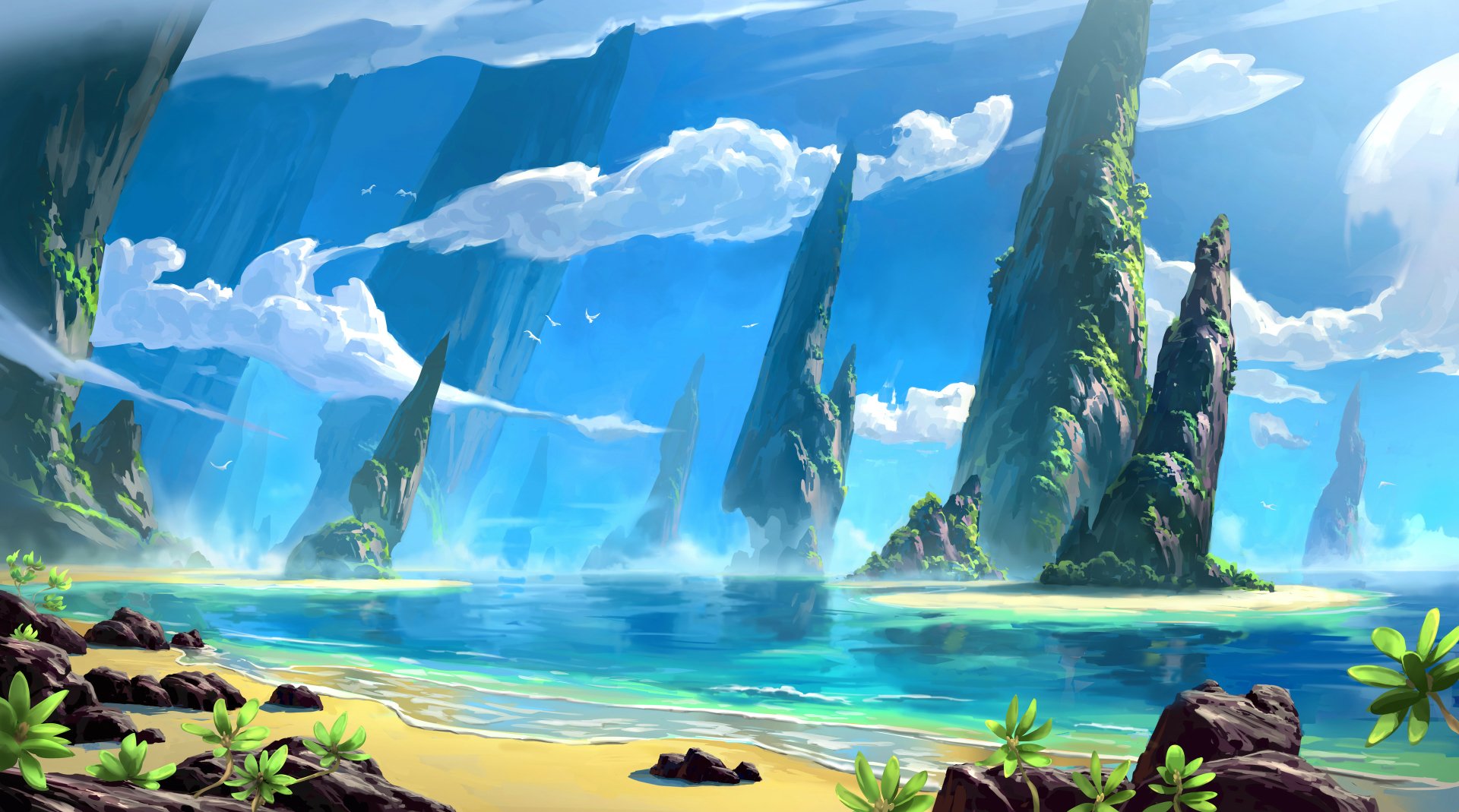 A vibrant fantasy landscape with towering rock formations rising from calm waters under a bright blue sky, designed as an HD PC desktop wallpaper.