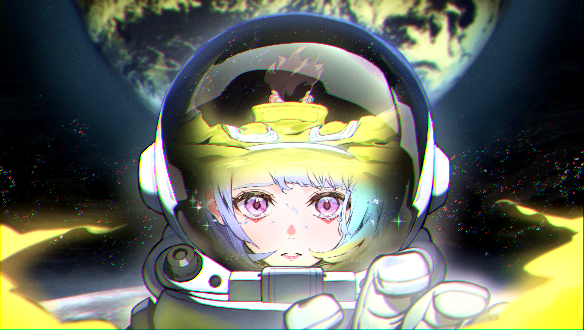 4K Ultra HD anime wallpaper featuring Lucy from Cyberpunk: Edgerunners in a detailed space helmet with a glowing yellow hue and cosmic background.