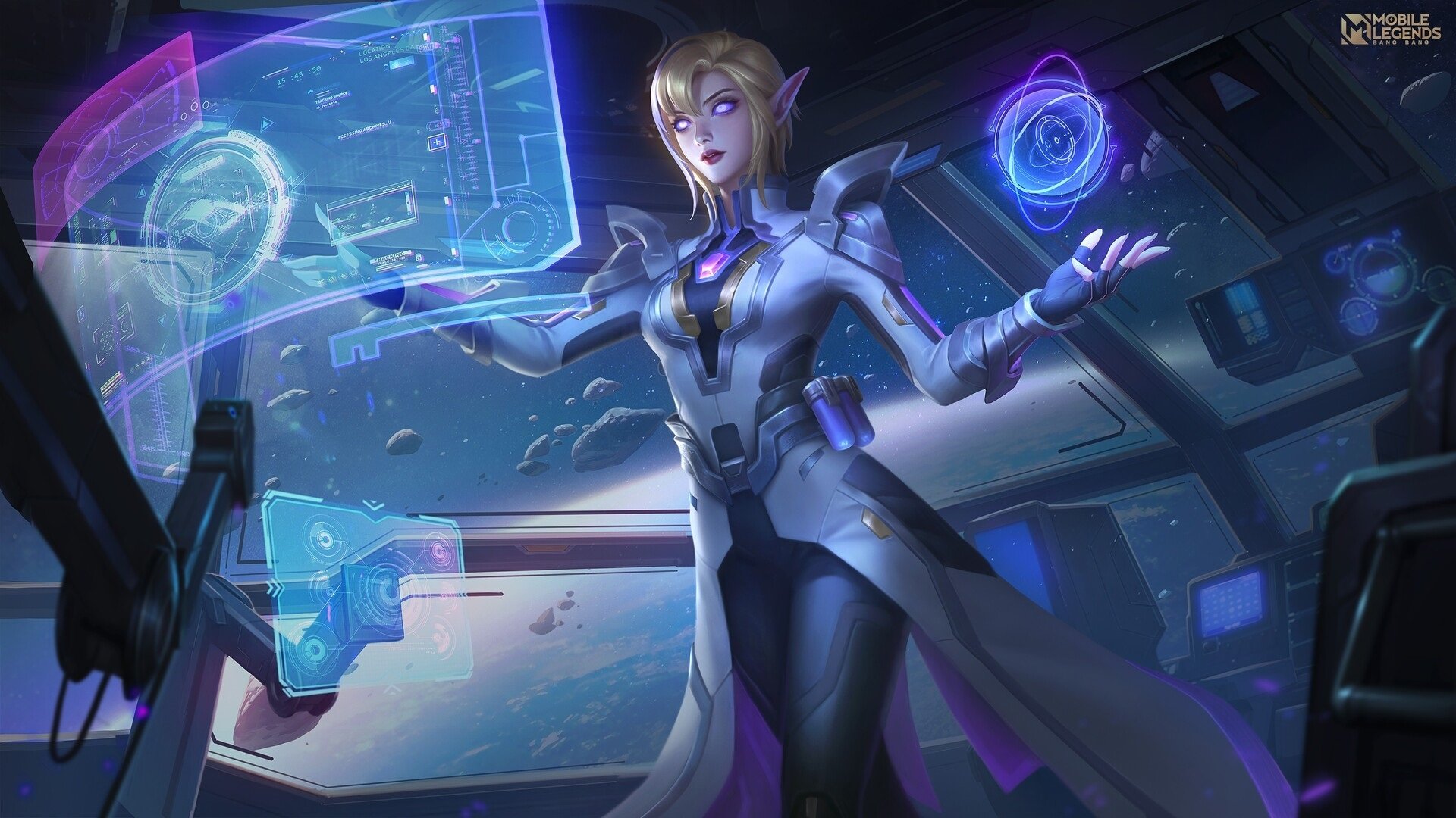 Futuristic elf-like hero from the video game Mobile Legends: Bang Bang stands in a starship lab, manipulating holographic interfaces — HD PC desktop wallpaper and background.