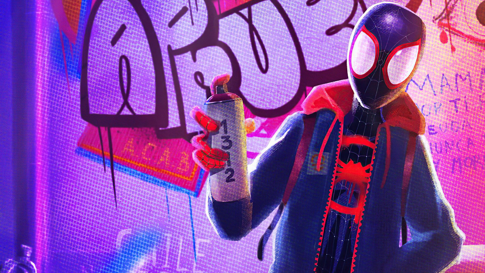 Miles Morales as Spider-Man in comic-style HD PC desktop wallpaper: hoodie-clad figure holding a spray paint can against a neon graffiti background.