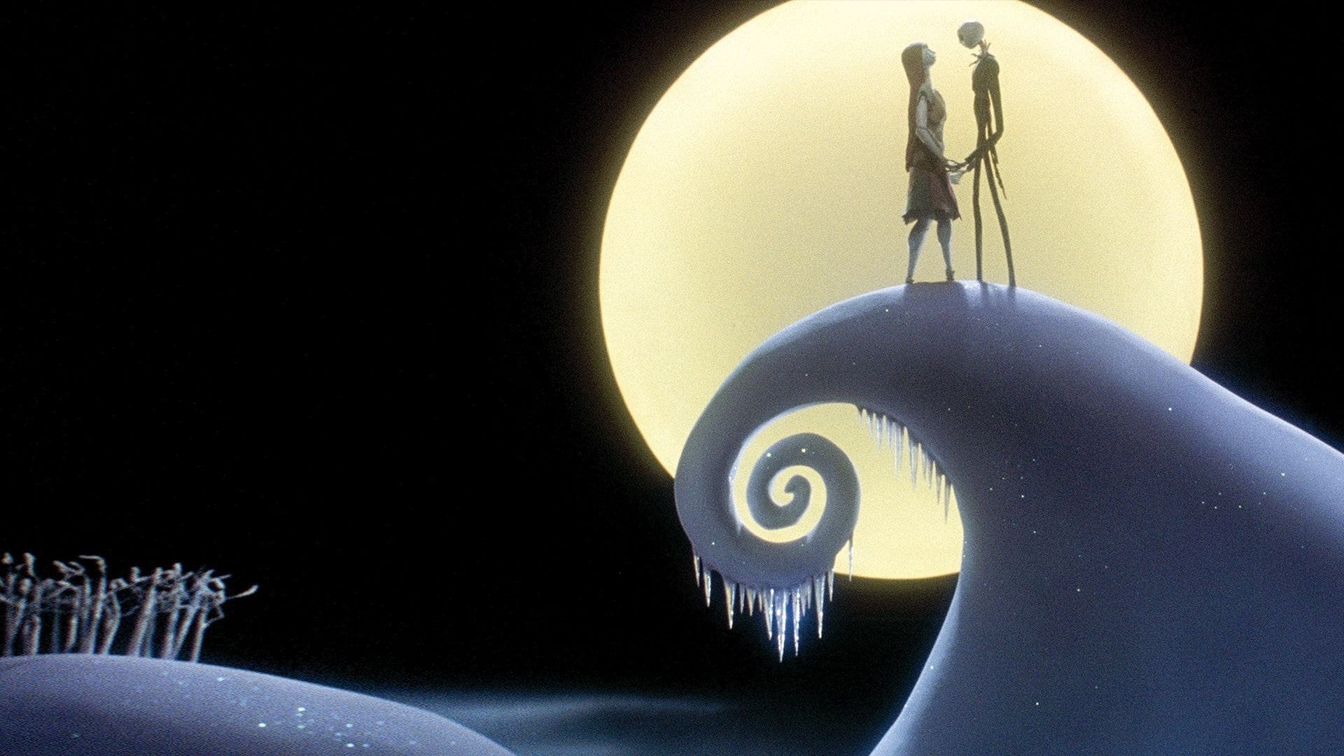 HD desktop wallpaper from the movie The Nightmare Before Christmas shows Jack Skellington and Sally standing on a curled hill under a large full moon.