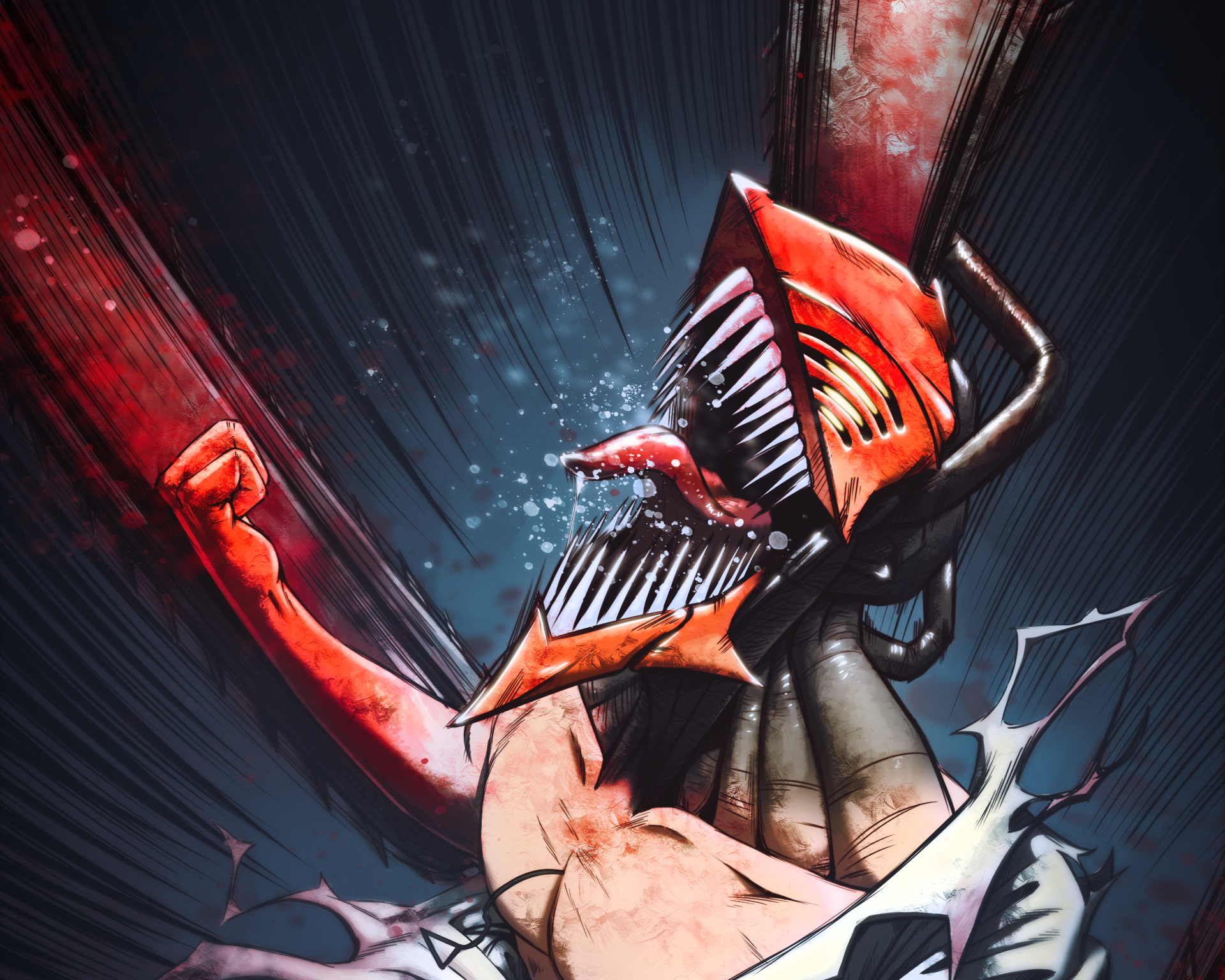 HD anime desktop wallpaper featuring Denji from Chainsaw Man with his iconic chainsaw head and clenched fist against a dark, dynamic background.