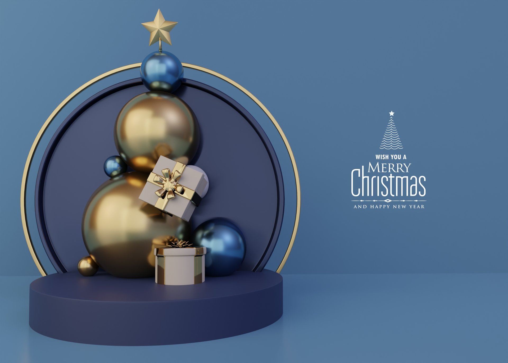 8K Ultra HD PC desktop wallpaper background: minimalist blue and gold Christmas scene with stacked baubles, wrapped gifts, star topper and Merry Christmas holiday greeting.