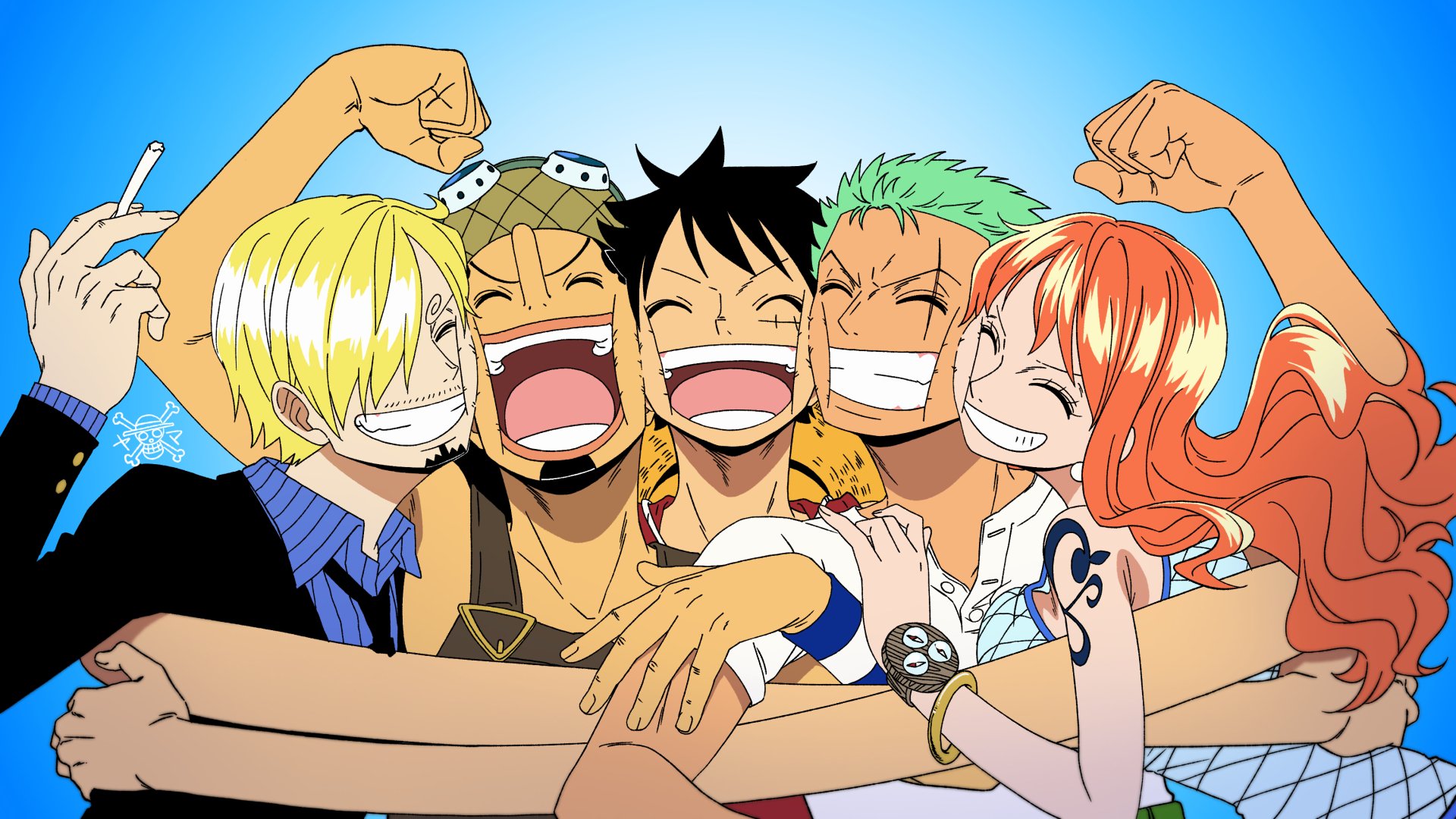 2K Quad HD PC desktop wallpaper of One Piece anime: Monkey D. Luffy, Roronoa Zoro, Nami, Sanji and Usopp laughing and hugging in a bright, cheerful group pose.