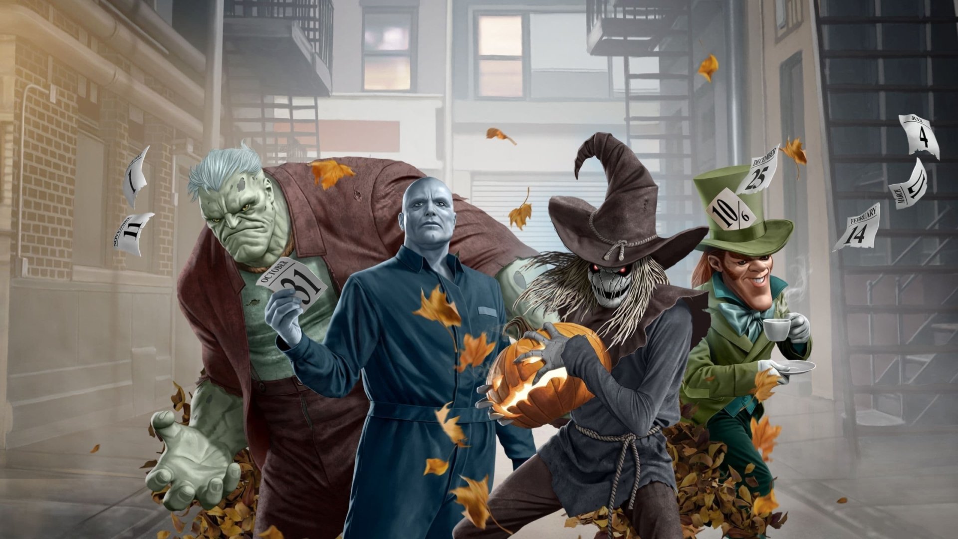 2K Quad HD PC desktop wallpaper for the movie Batman: The Long Halloween Deluxe Edition — four Batman villains in an urban alley, pumpkins and autumn leaves.