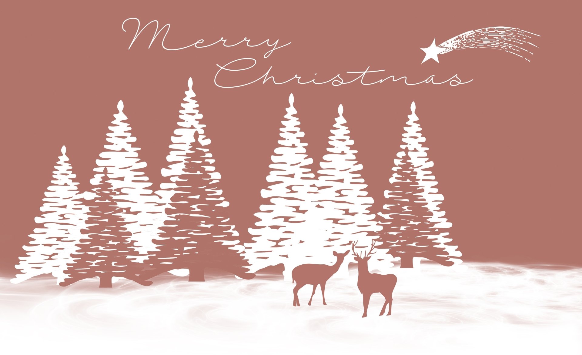 A 4K Ultra HD Christmas desktop wallpaper featuring white silhouetted pine trees, two deer, and a shooting star with Merry Christmas text on a muted red background.