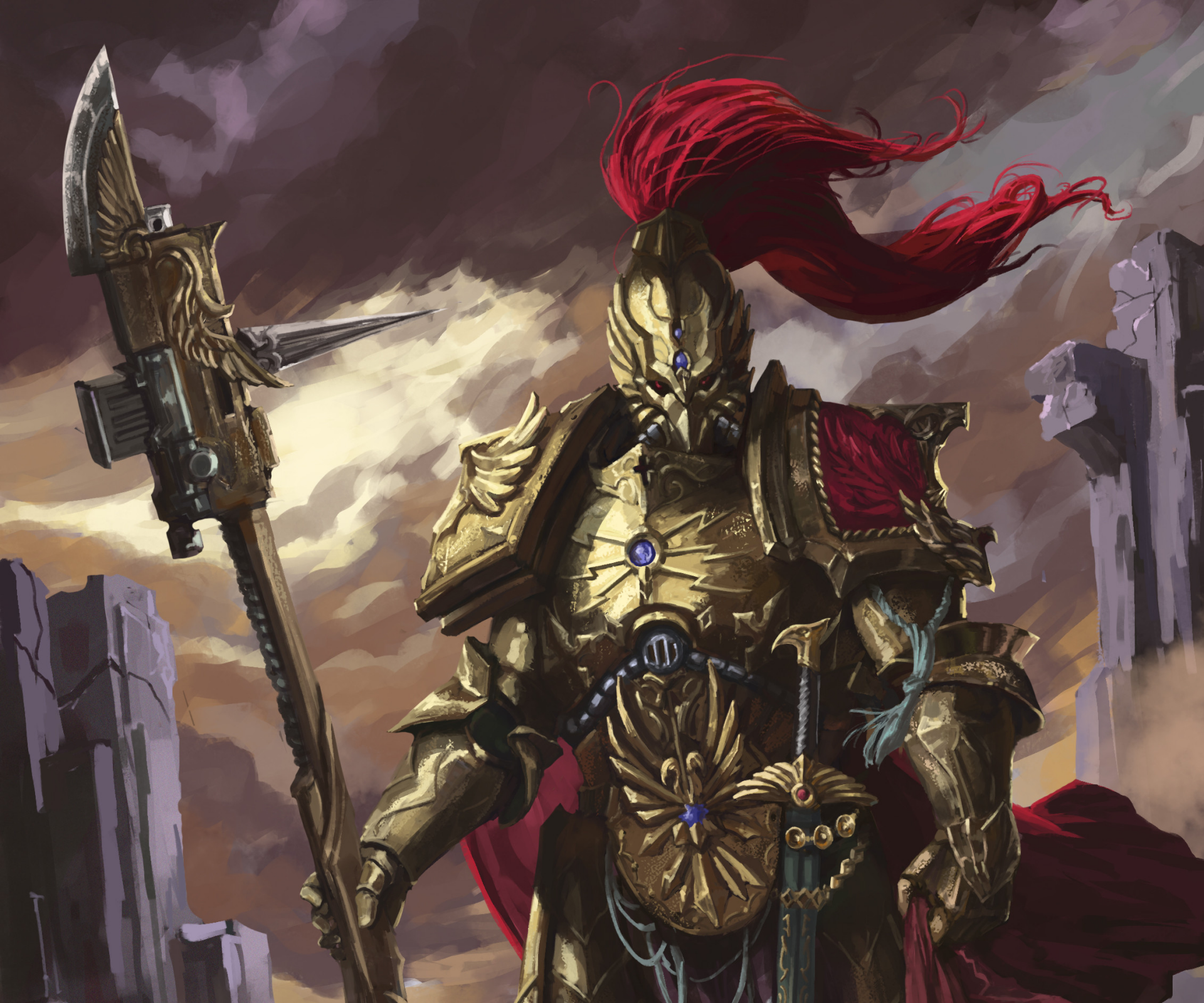 HD PC desktop wallpaper featuring a Warhammer 40k video game character in elaborate armor holding a weapon against a dramatic, ruined landscape backdrop.