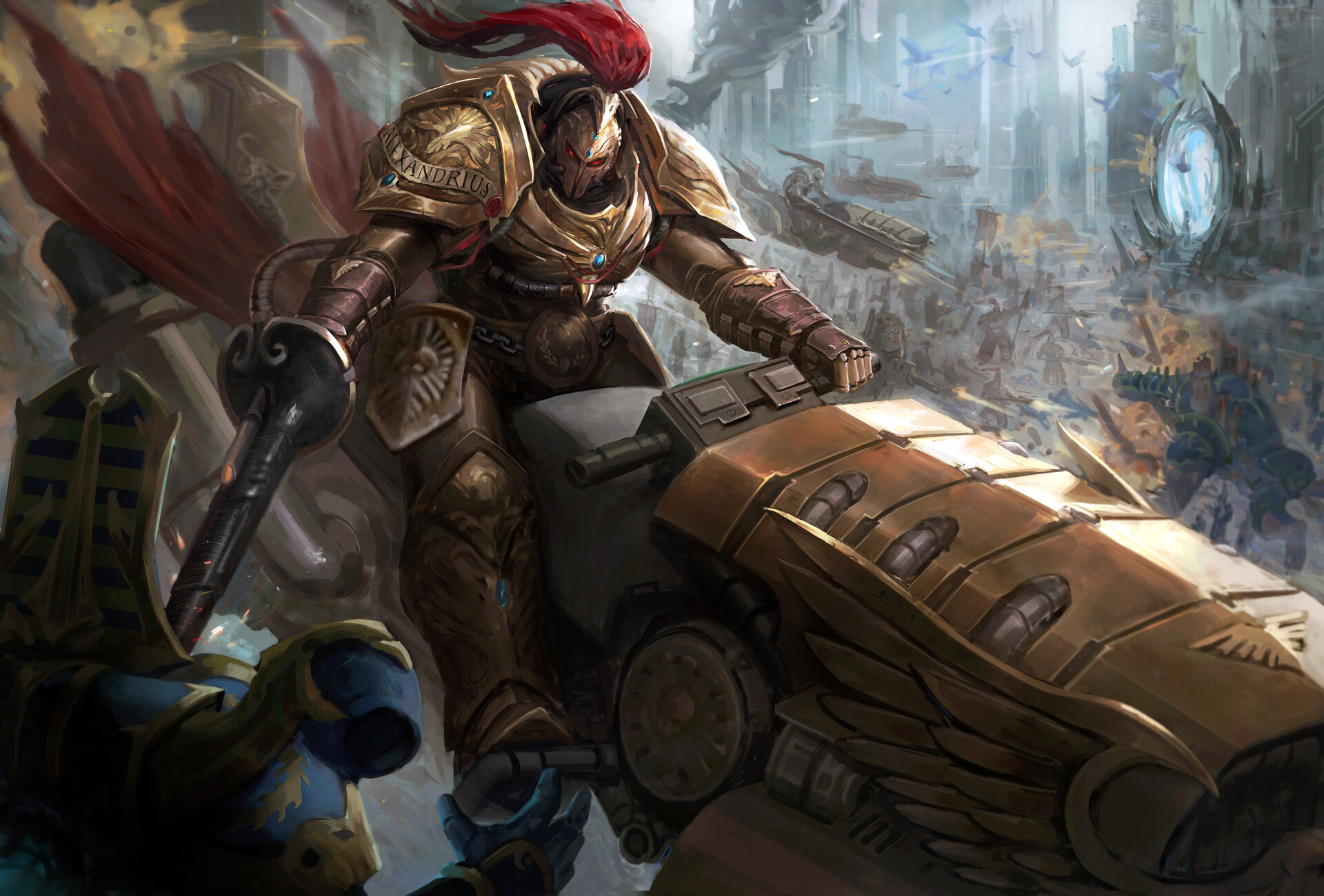 HD PC desktop wallpaper featuring a Warhammer 40k video game scene with a heavily armored warrior wielding weapons amidst a futuristic battlefield.