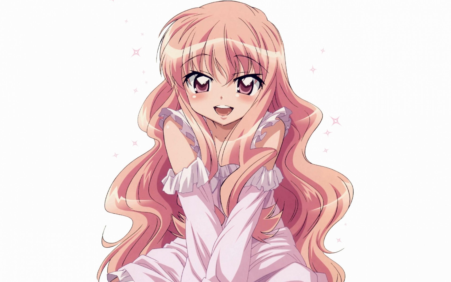 HD anime wallpaper featuring a smiling pink-haired female character from The Familiar of Zero with expressive eyes and flowing hair against a plain white background.