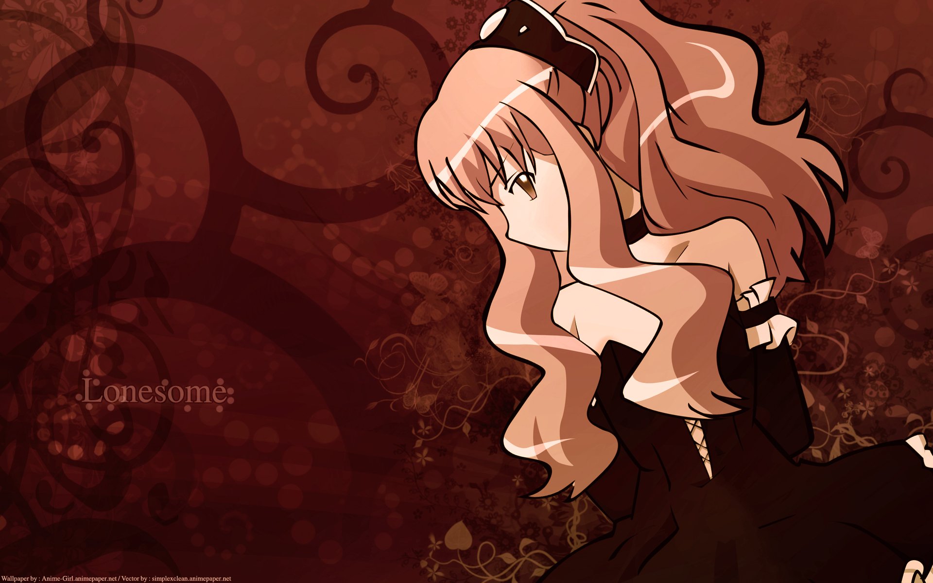 A stylish HD desktop wallpaper featuring a character from Zero no Tsukaima, highlighted in a deep red background with elegant swirls, conveying a sense of mystery and allure.