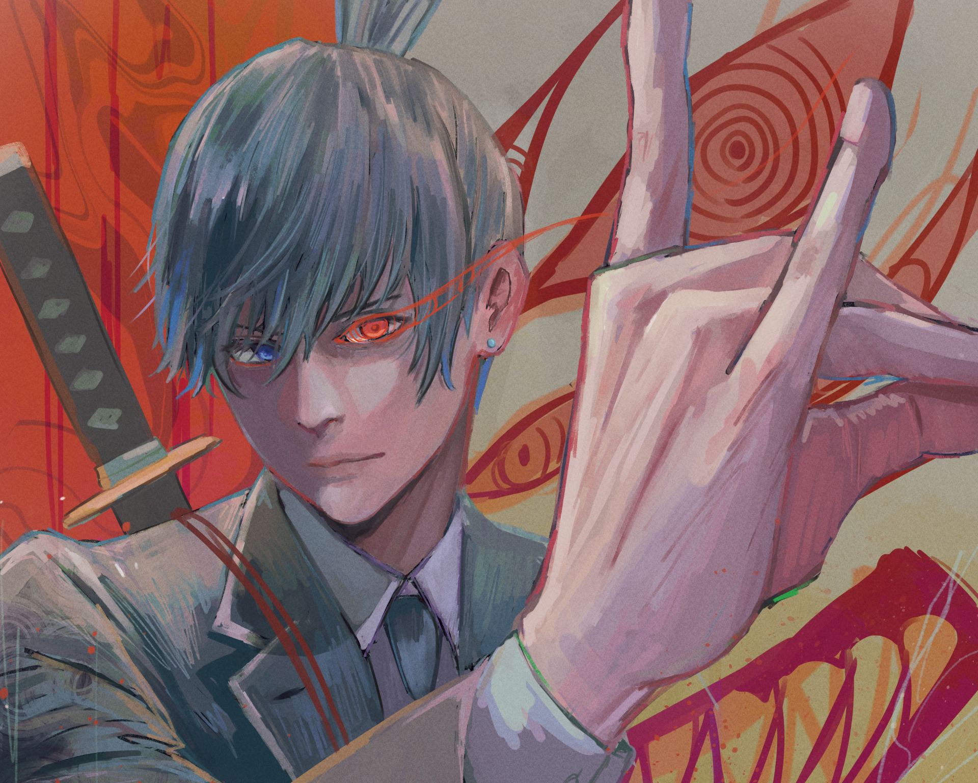 HD PC desktop wallpaper of Aki Hayakawa from Chainsaw Man — anime portrait with glowing red eye, katana over his shoulder and a raised hand against a swirling red, eye-patterned background.