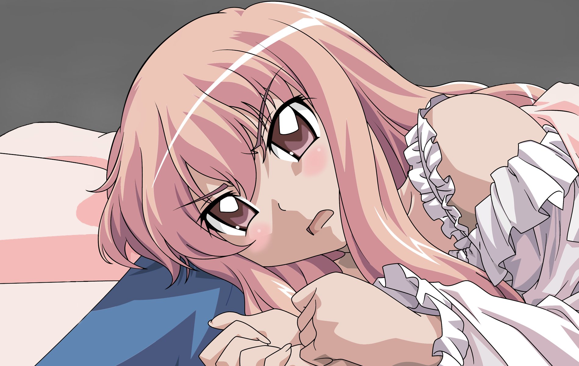 HD anime wallpaper featuring a close-up of a pink-haired character from The Familiar of Zero, lying down with a soft expression against a muted background.
