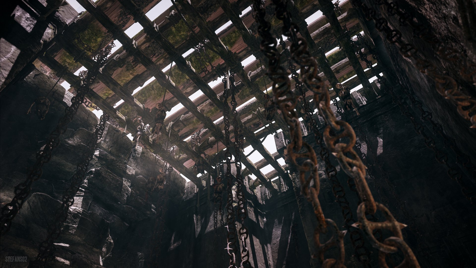 God of War (2018) 4K Ultra HD PC desktop wallpaper: dim, ruined wooden grate ceiling with light shafts, rusted chains and dripping water in a shadowy, cavernous interior.