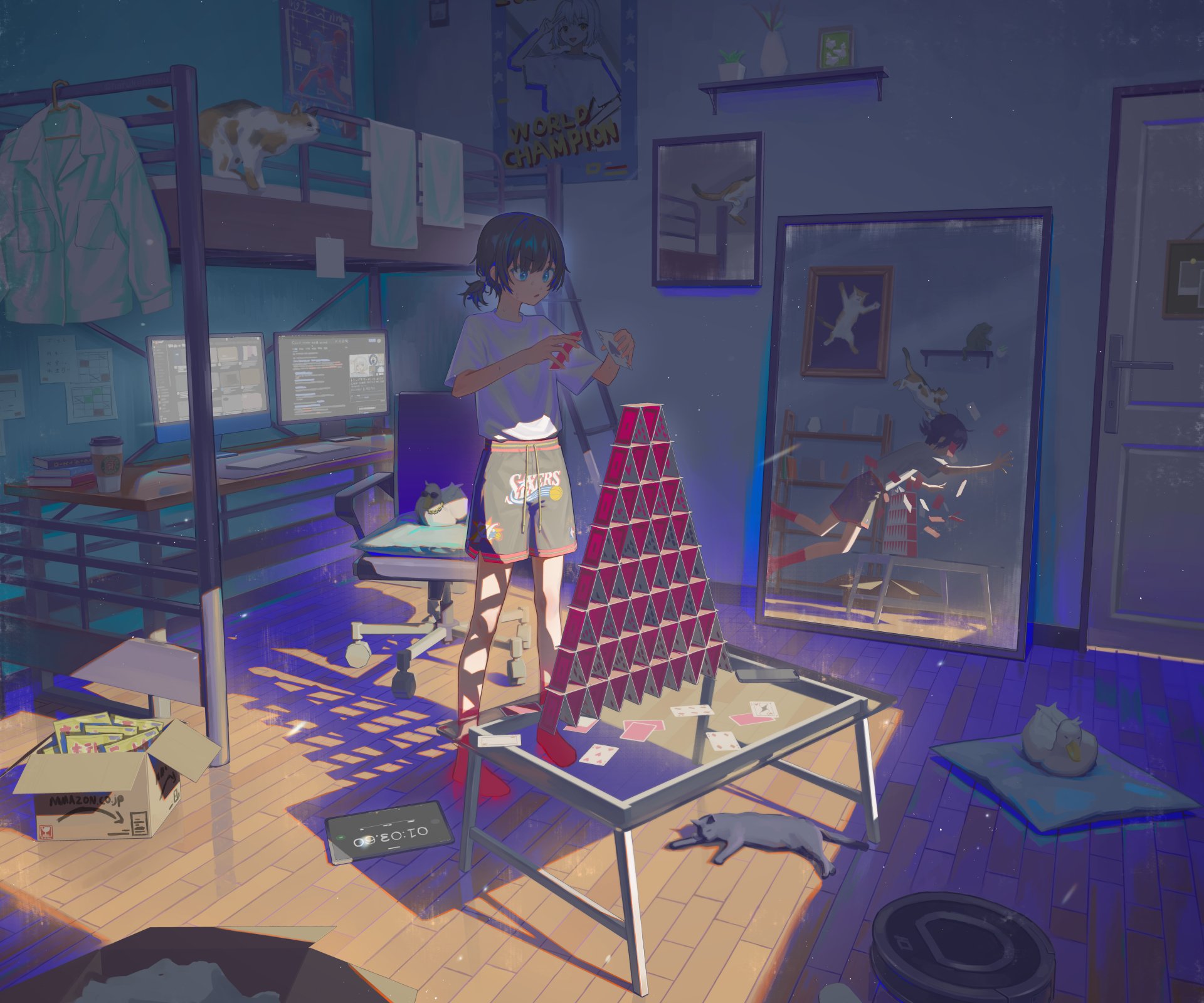 Anime girl building a card tower in a cozy, dimly lit room with a large mirror, detailed in 4K Ultra HD for PC desktop wallpaper and background.