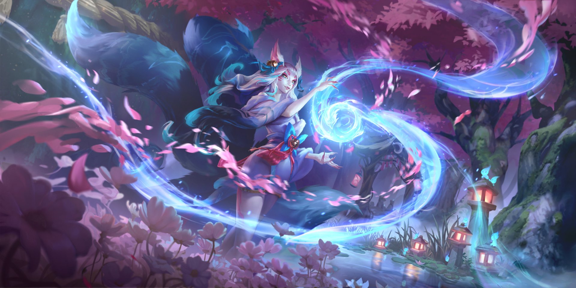 HD PC desktop wallpaper of Ahri (League of Legends) swirling blue foxfire amid cherry blossoms in a moonlit forest — artwork from the video game Legends of Runeterra.