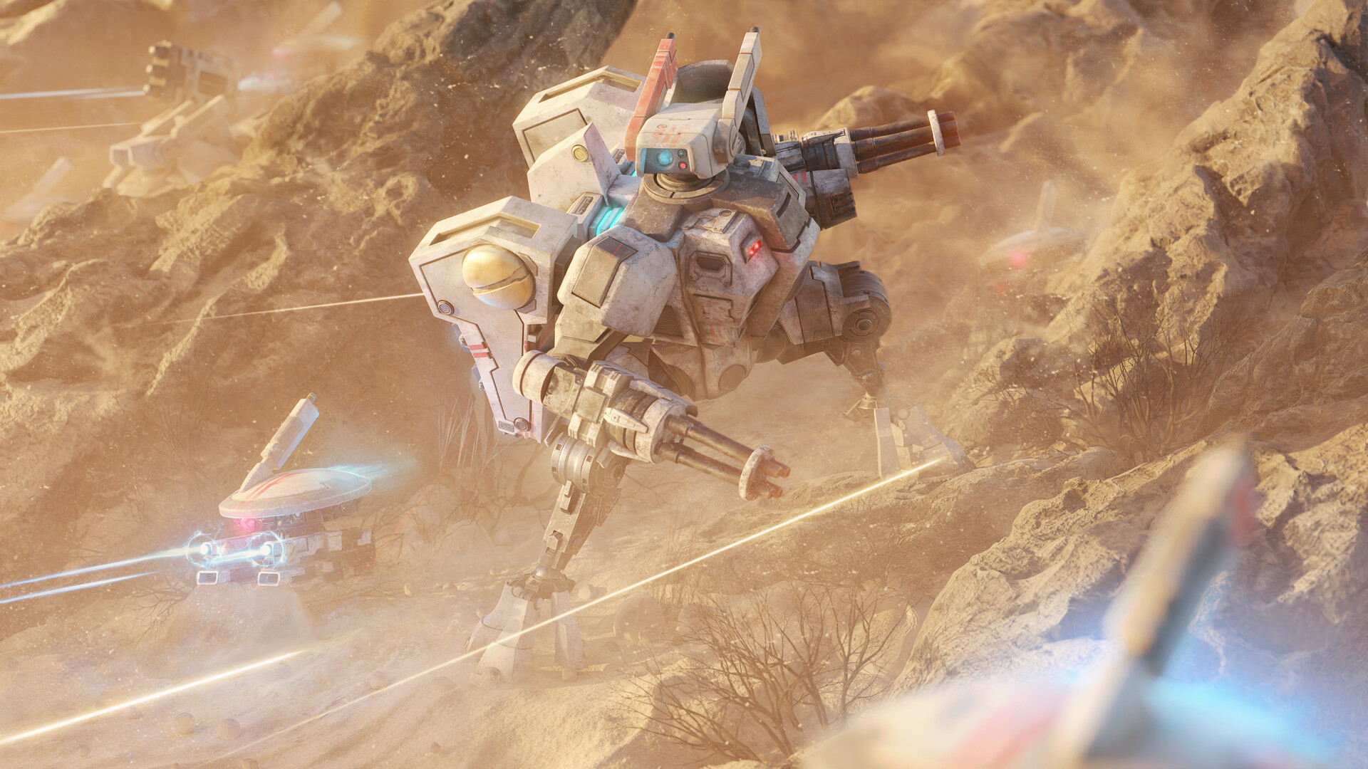 HD PC desktop wallpaper featuring a dynamic Warhammer 40k scene with a heavily armed mech in a dusty battlefield, capturing intense video game action and futuristic warfare.