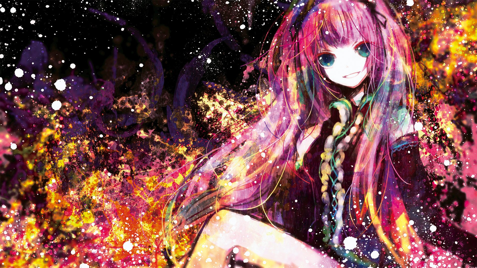 HD PC desktop wallpaper featuring Luka Megurine from Vocaloid in vibrant, colorful anime style with dynamic splashes of pink, purple, and gold accents.