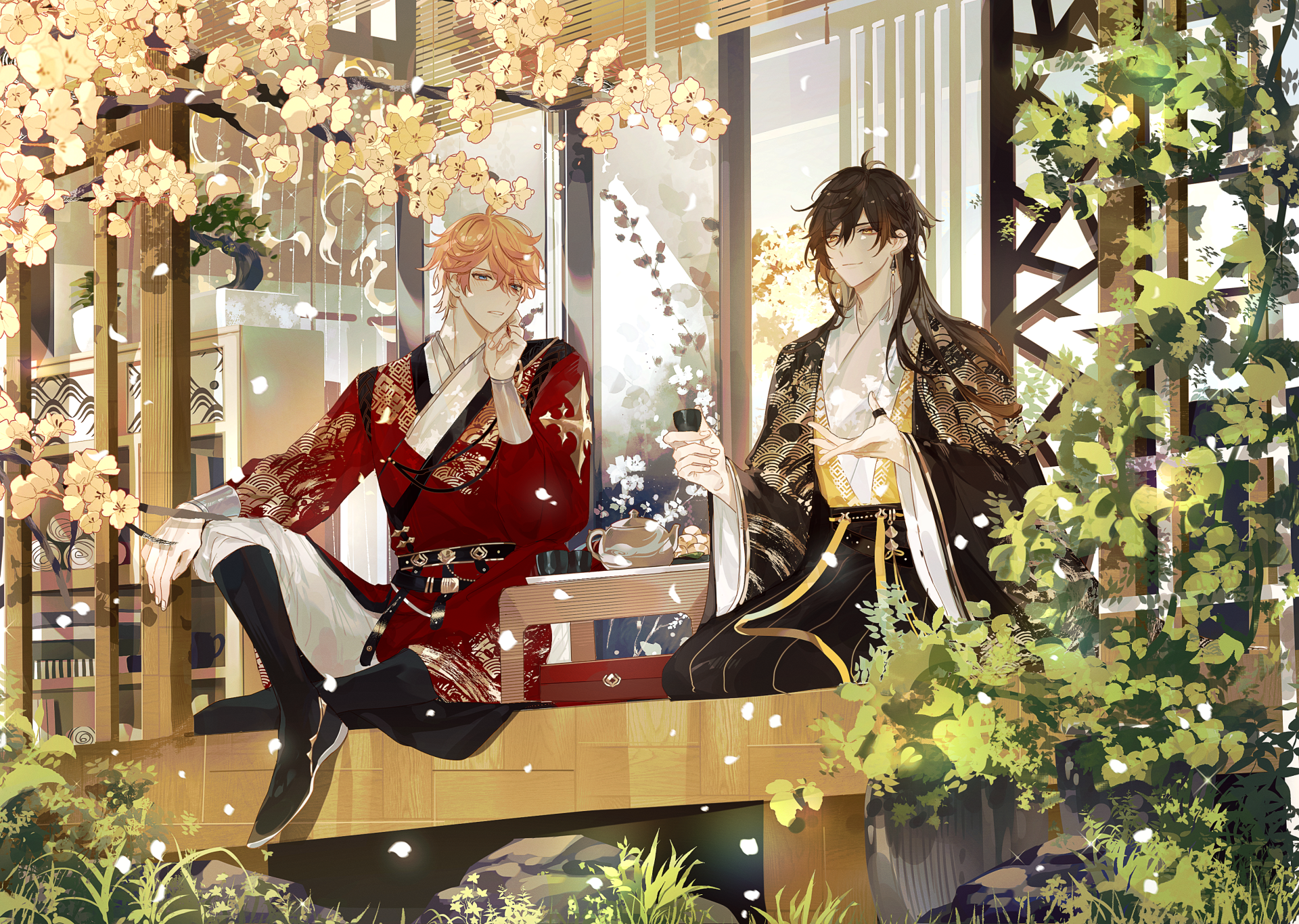 2K Quad HD PC desktop wallpaper of Zhongli and Tartaglia (Childe) from the video game Genshin Impact, seated on a blossom-framed wooden balcony with tea and lanterns.