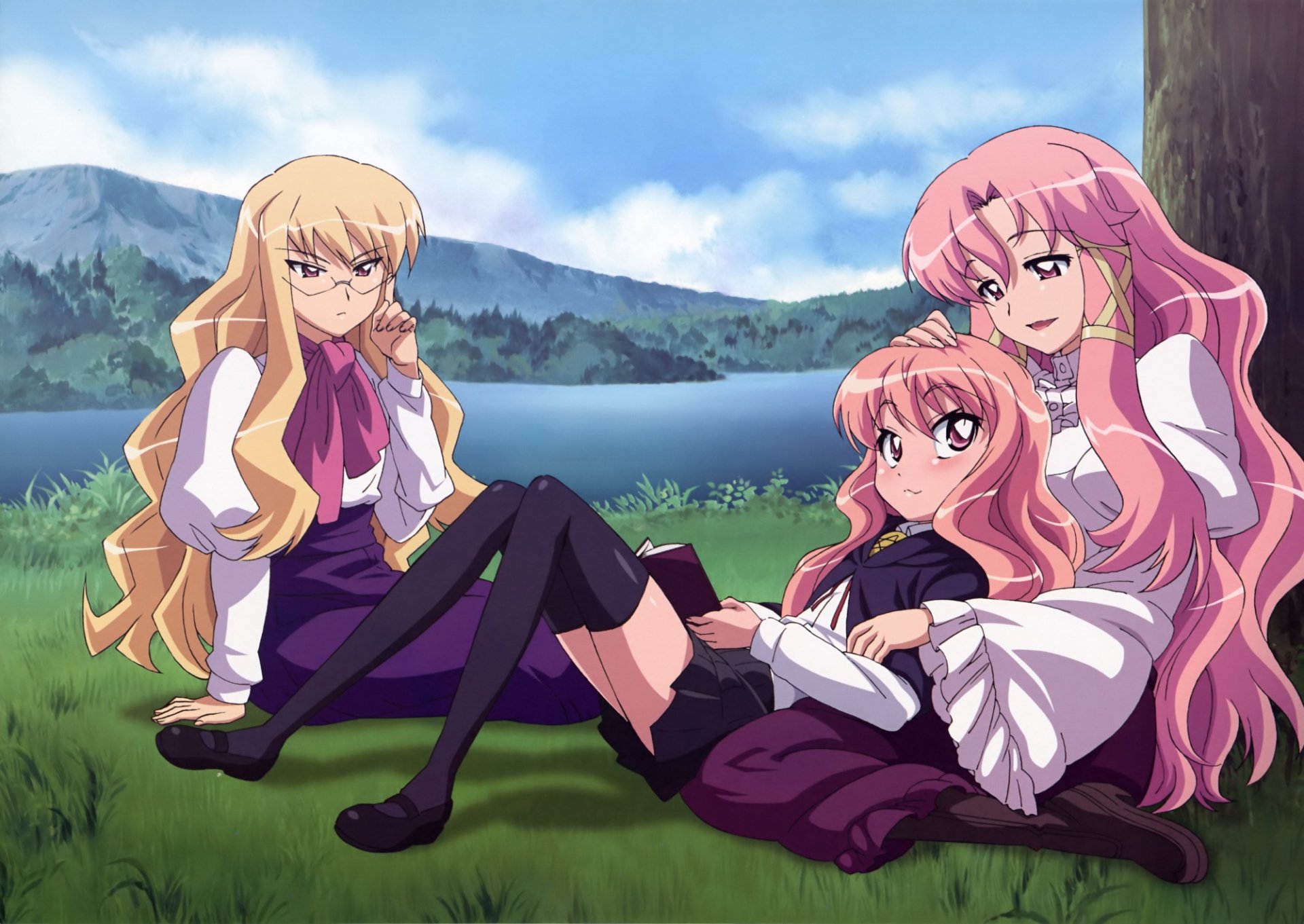 A vibrant HD wallpaper featuring characters from the anime *Zero no Tsukaima*, set in a serene outdoor scene with lush greenery and mountains in the background.