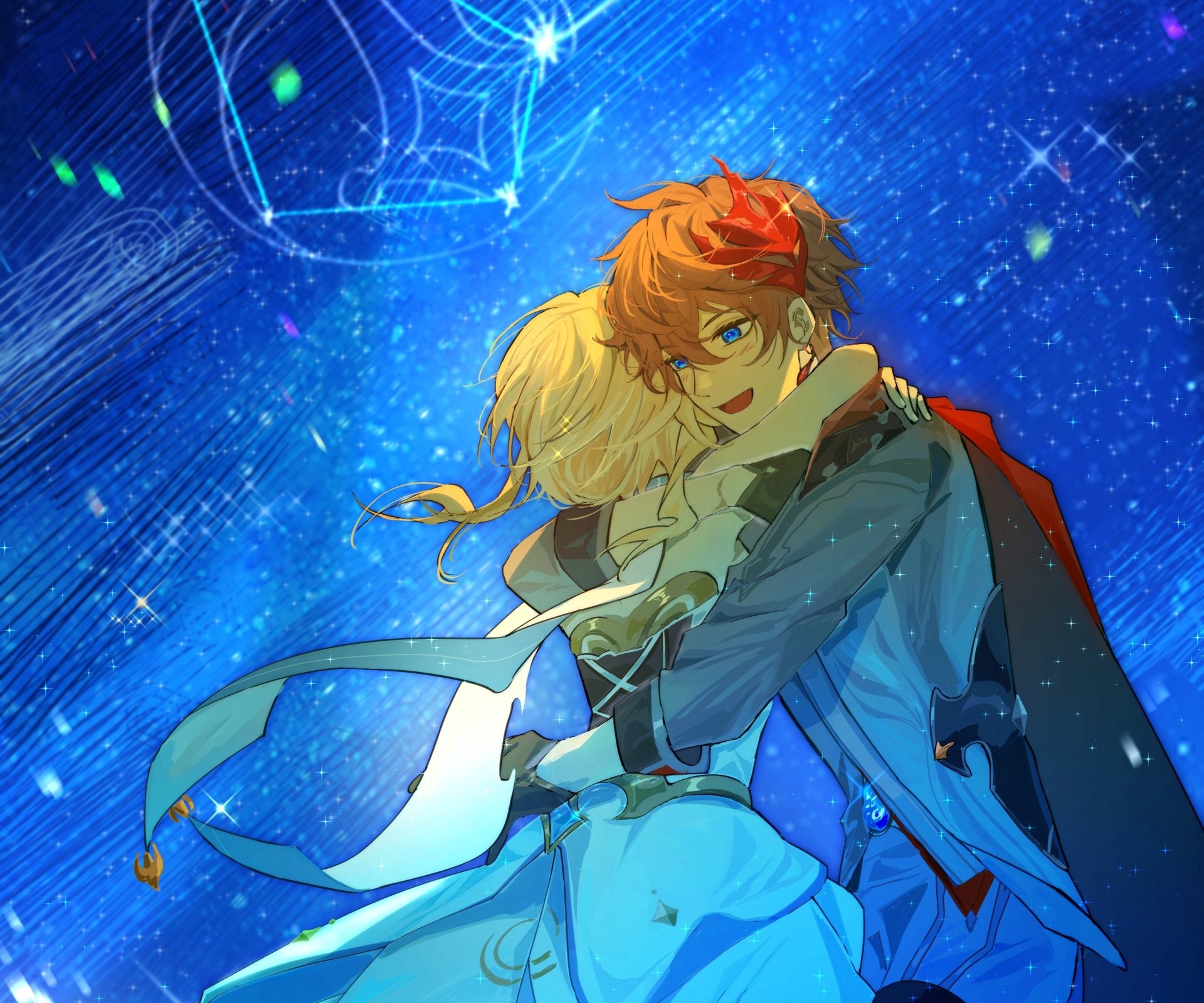 2K Quad HD PC wallpaper of Lumine and Tartaglia (Childe) from Genshin Impact embracing against a glowing blue starfield — video game desktop background.