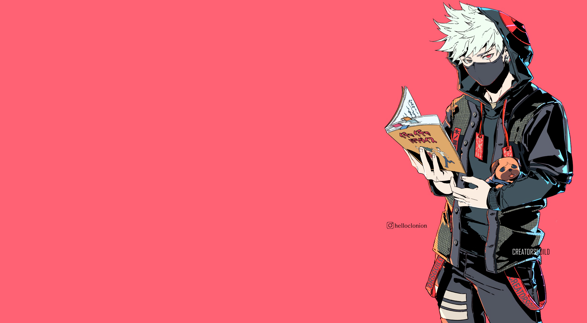 Kakashi Hatake from Naruto in a dynamic pose reading a book, set against a vibrant pink background, captured in 4K Ultra HD for PC desktop wallpaper.
