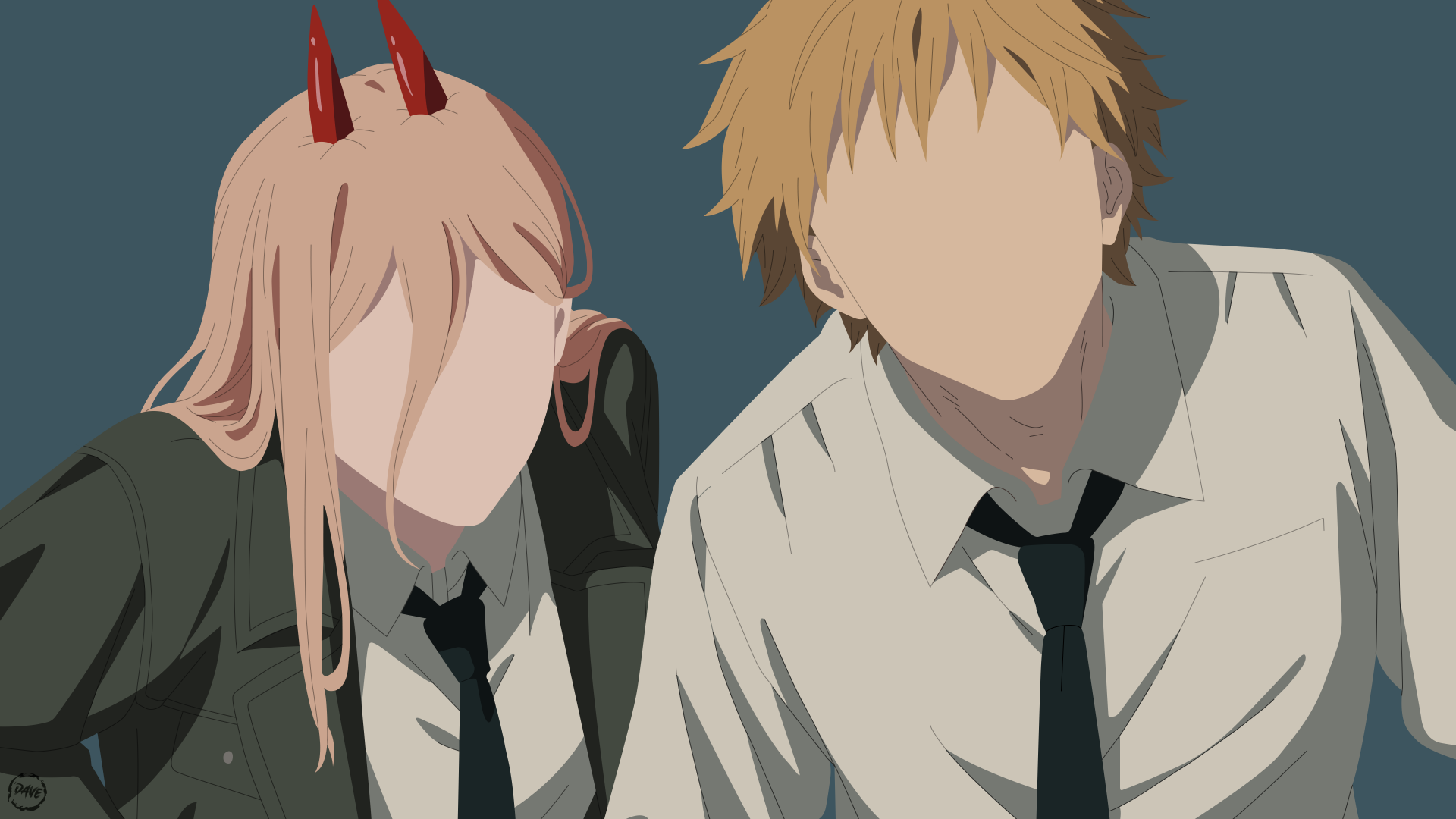 Stylized faceless anime portrait of Denji and Power from Chainsaw Man, 4K Ultra HD PC desktop wallpaper/background with muted palette, school uniforms, and horns.
