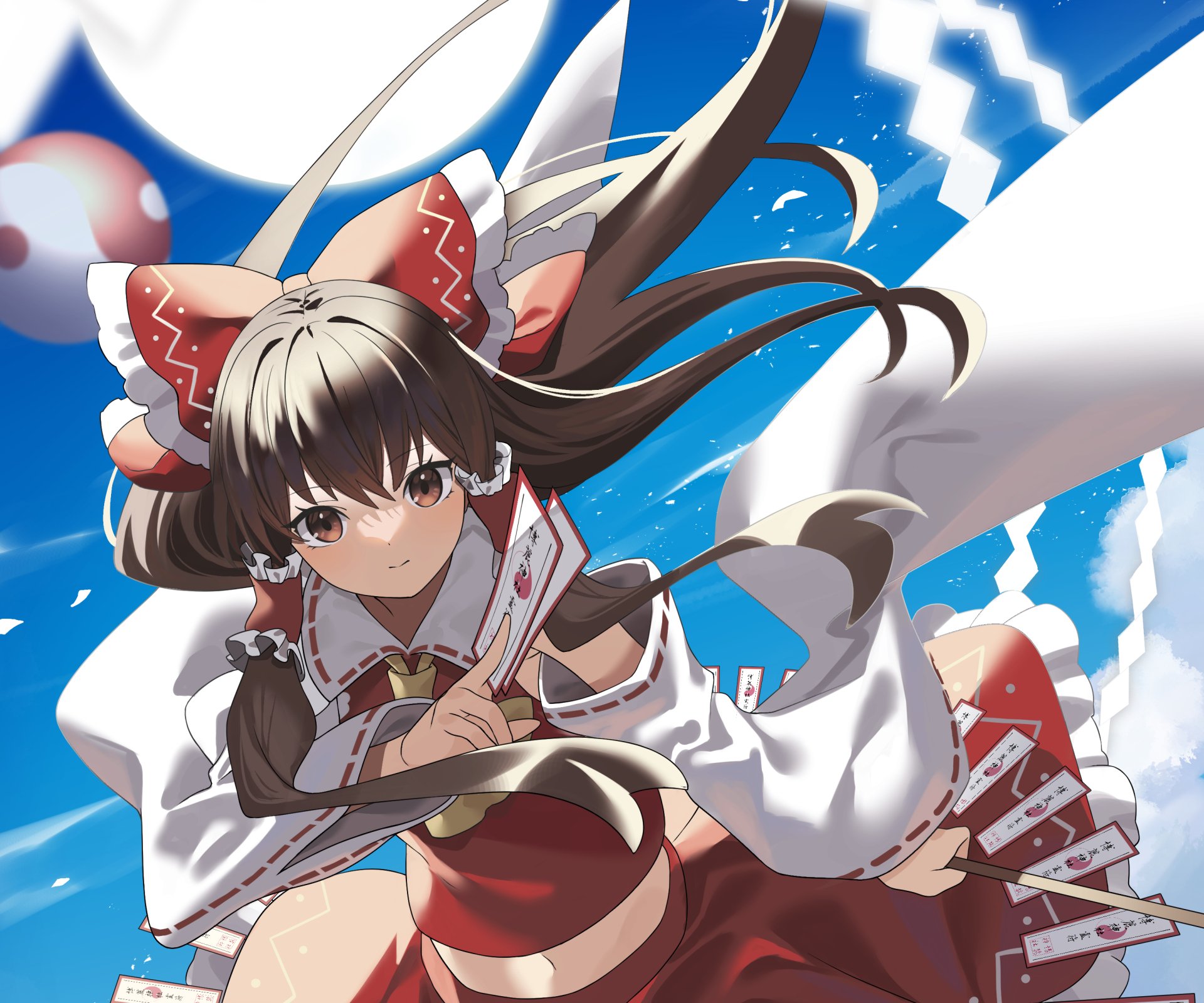 HD anime desktop wallpaper featuring Reimu Hakurei from Touhou, depicted with flowing hair and traditional shrine maiden attire against a bright blue sky.